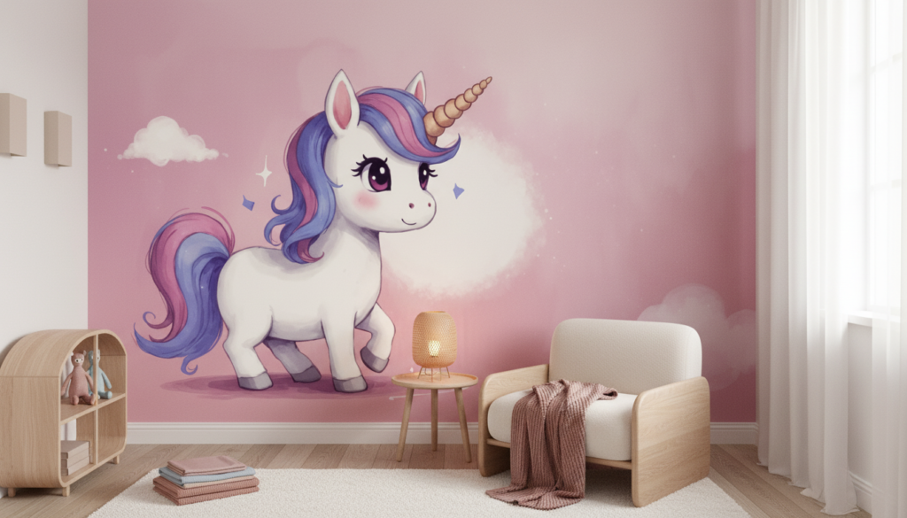 Papier Peint Licorne Magique Rose Doux Univers Enfantin Féerique - Chambre bébé