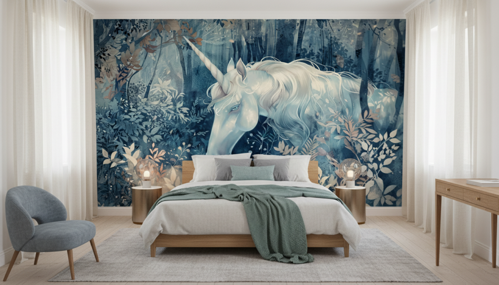 Papier Peint Licorne Mystique dans Forêt Enchantée Bleue - Chambre ado