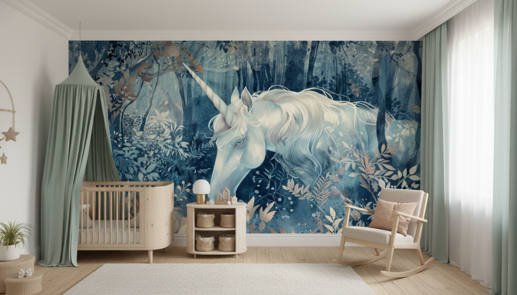 Papier Peint Licorne Mystique dans Forêt Enchantée Bleue - Chambre bébé