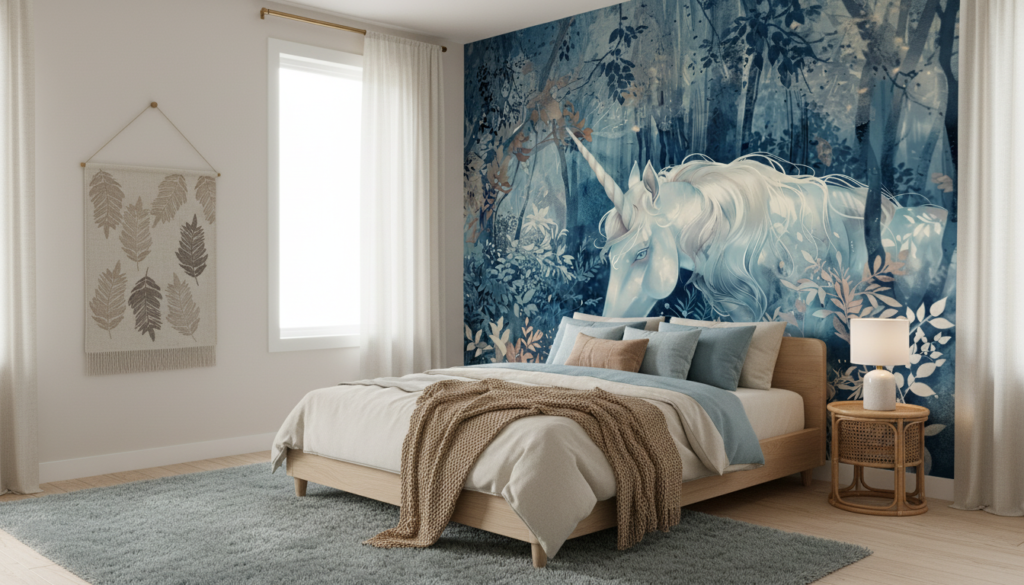 Papier Peint Licorne Mystique dans Forêt Enchantée Bleue - Chambre enfant