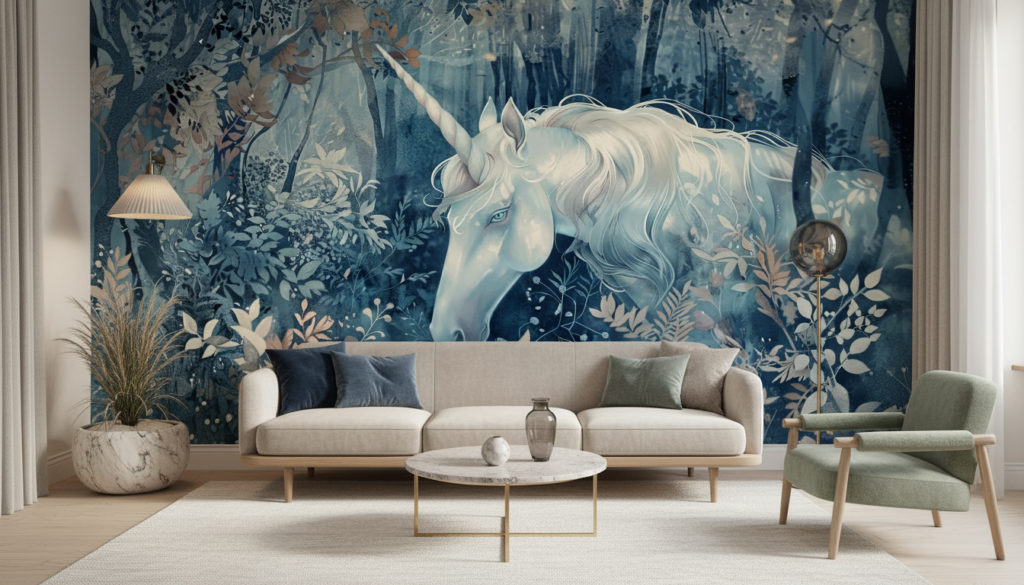 Papier Peint Licorne Mystique dans Forêt Enchantée Bleue - Salon / Séjour