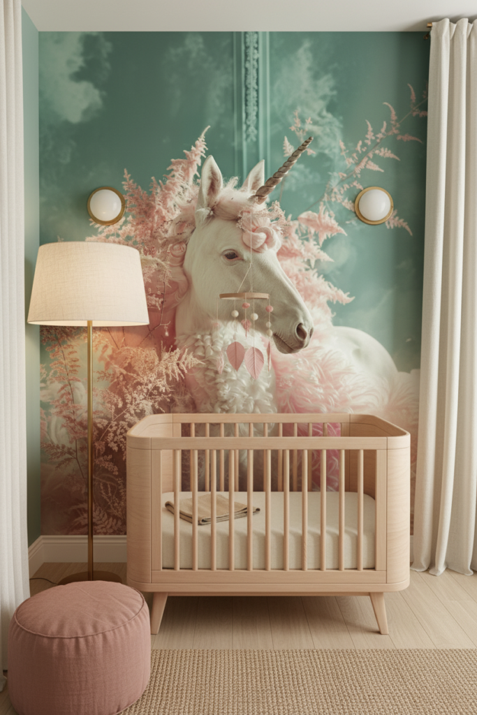 Papier Peint Licorne Romantique aux Fougères Roses et Dorées - Chambre bébé