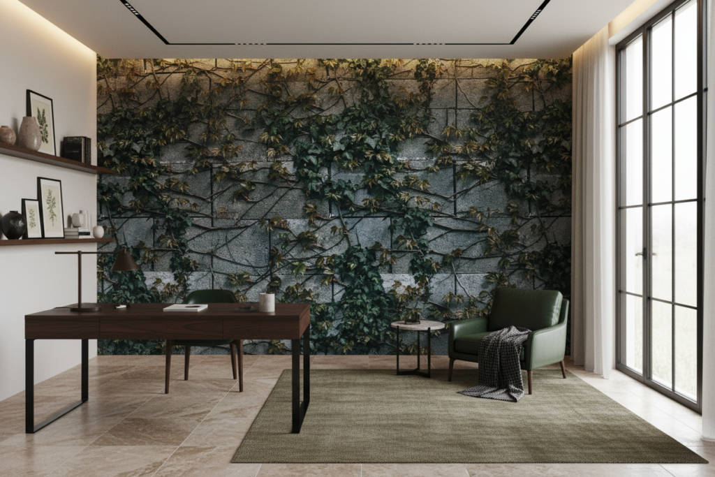 Papier Peint Lierre Grimpant sur Mur de Pierres Naturelles - Bureau