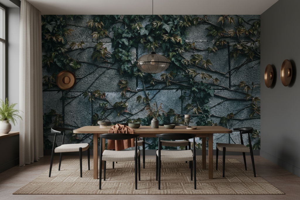 Papier Peint Lierre Grimpant sur Mur de Pierres Naturelles - Salle à manger