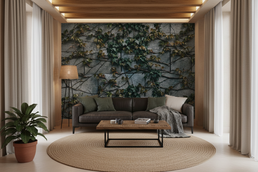 Papier Peint Lierre Grimpant sur Mur de Pierres Naturelles - Salon / Séjour