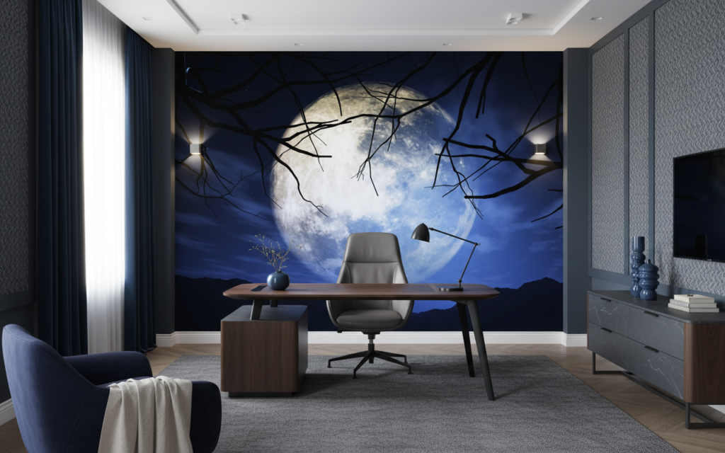 Papier Peint Lune Mystique et Branches Silhouettées Nuit Étoilée - Bureau
