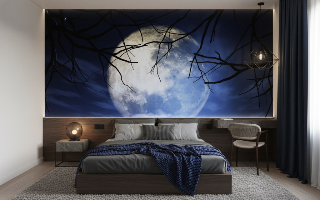 Papier Peint Lune Mystique et Branches Silhouettées Nuit Étoilée - Chambre ado