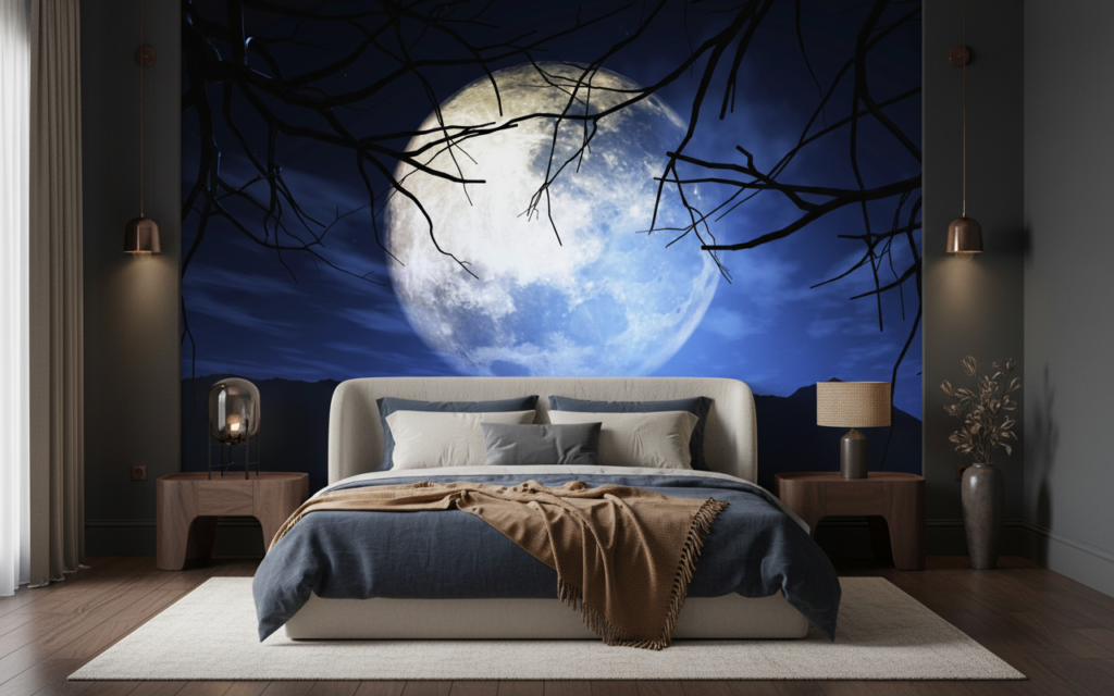 Papier Peint Lune Mystique et Branches Silhouettées Nuit Étoilée - Chambre adulte