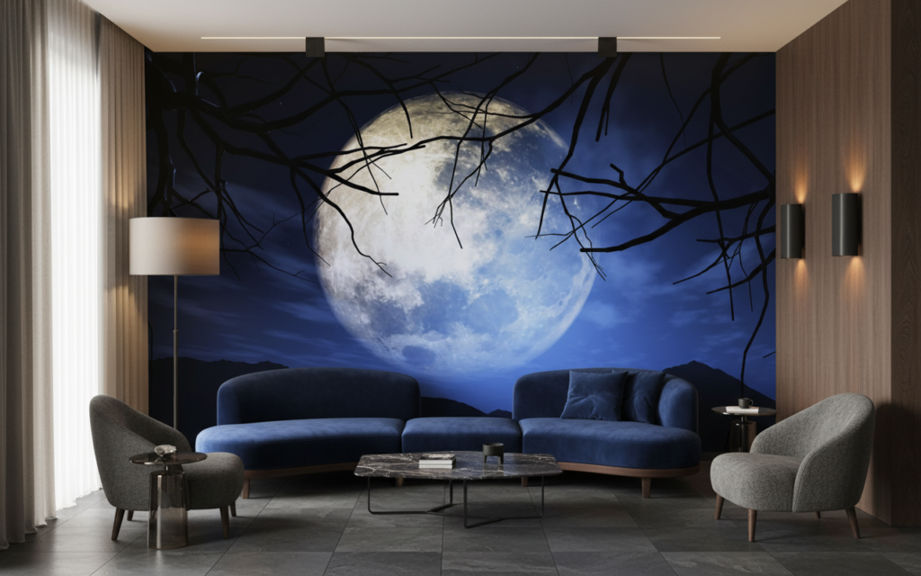 Papier Peint Lune Mystique et Branches Silhouettées Nuit Étoilée - Salon / Séjour