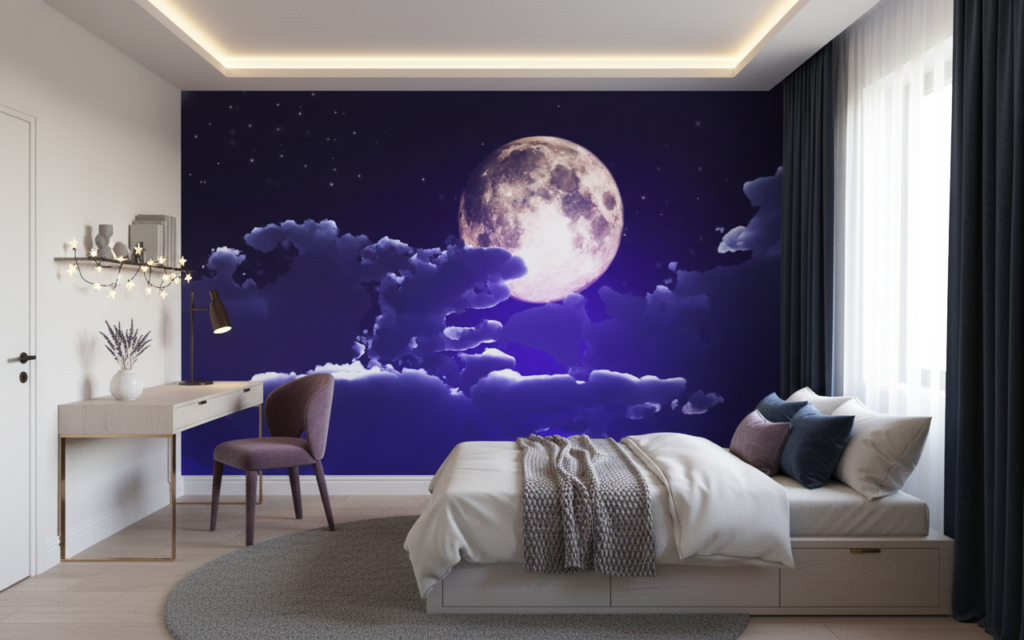 Papier Peint Lune Mystique et Nuages Violets Nocturnes - Chambre ado