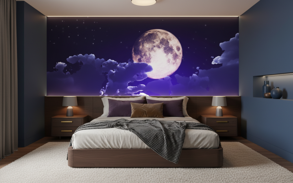 Papier Peint Lune Mystique et Nuages Violets Nocturnes - Chambre adulte
