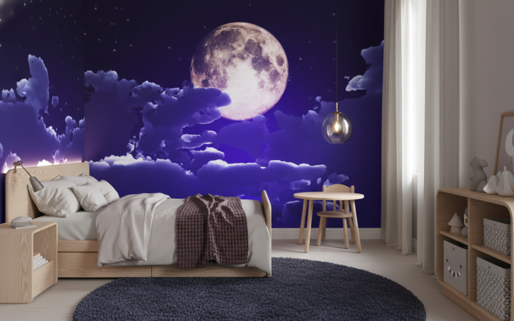 Papier Peint Lune Mystique et Nuages Violets Nocturnes - Chambre enfant