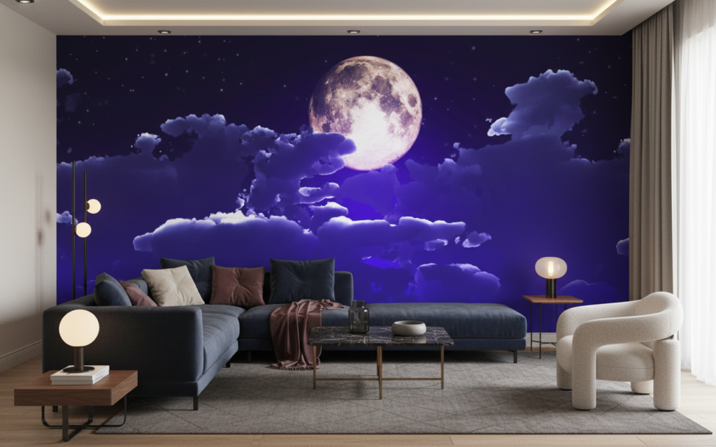 Papier Peint Lune Mystique et Nuages Violets Nocturnes - Salon / Séjour