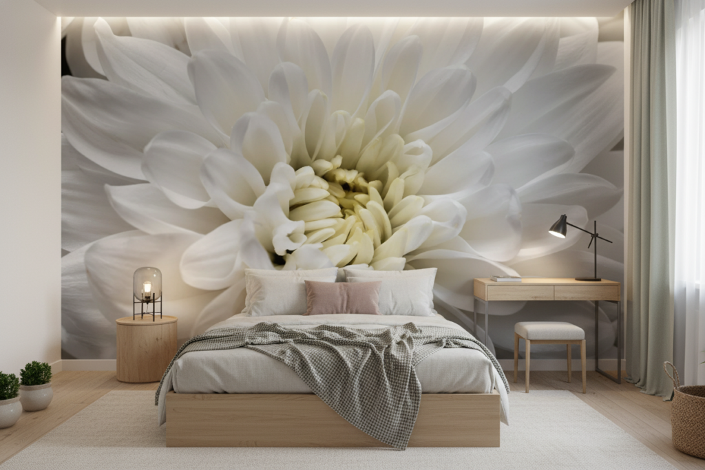 Papier peint macro fleur blanche délicate aux nuances subtiles - Chambre ado