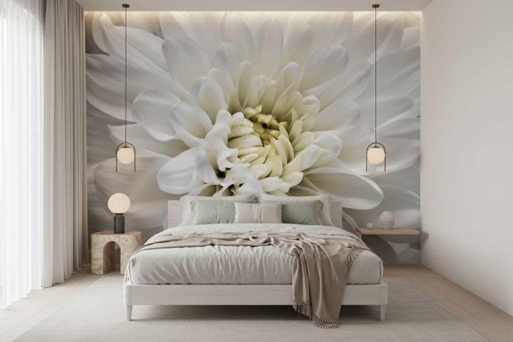 Papier peint macro fleur blanche délicate aux nuances subtiles - Chambre adulte