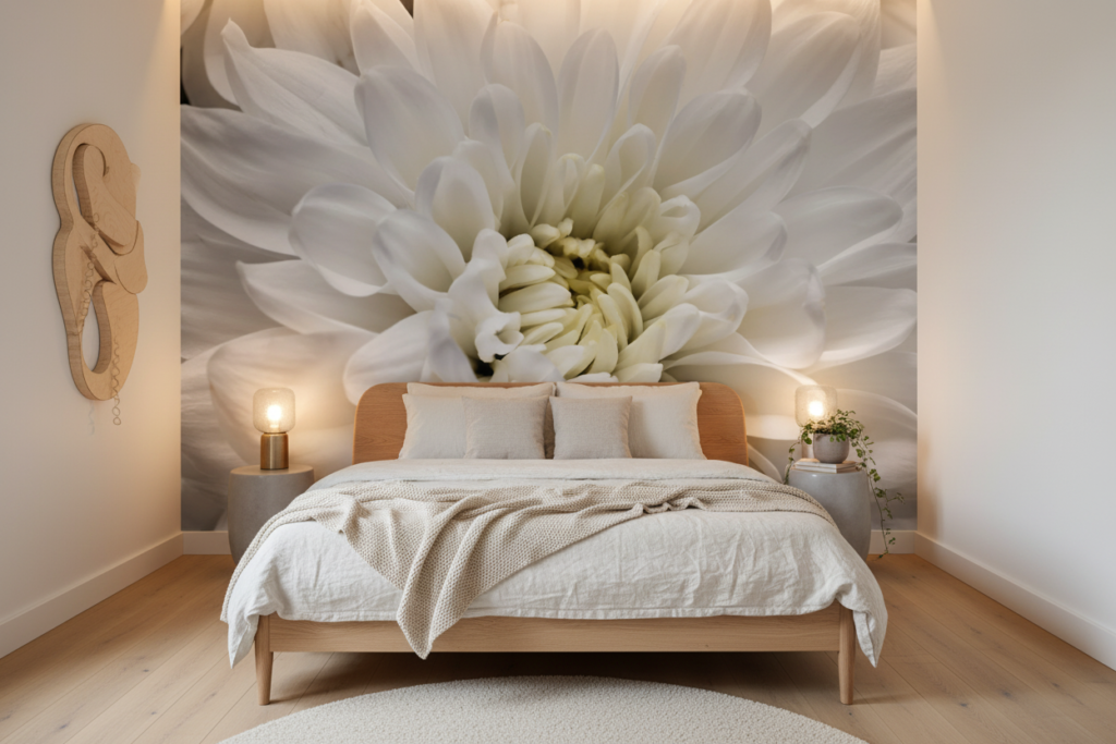 Papier peint macro fleur blanche délicate aux nuances subtiles - Chambre adulte