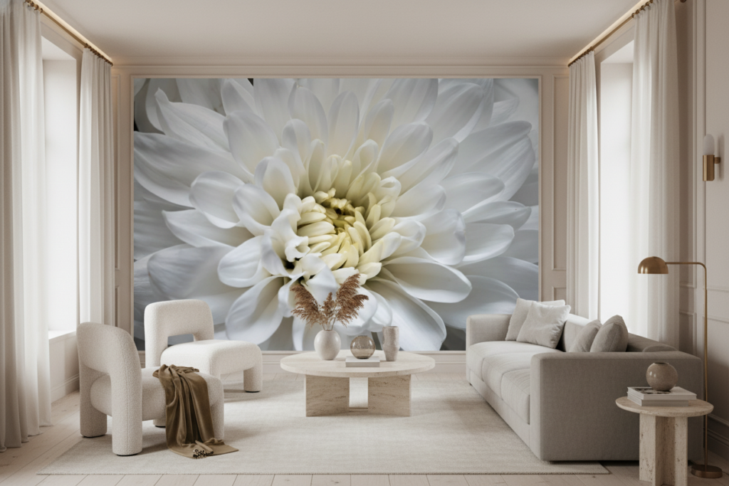 Papier peint macro fleur blanche délicate aux nuances subtiles - Salon / Séjour