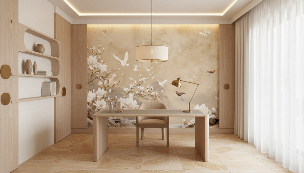 Papier Peint Magnolia et Oiseaux Ambiance Zen Naturelle - Bureau