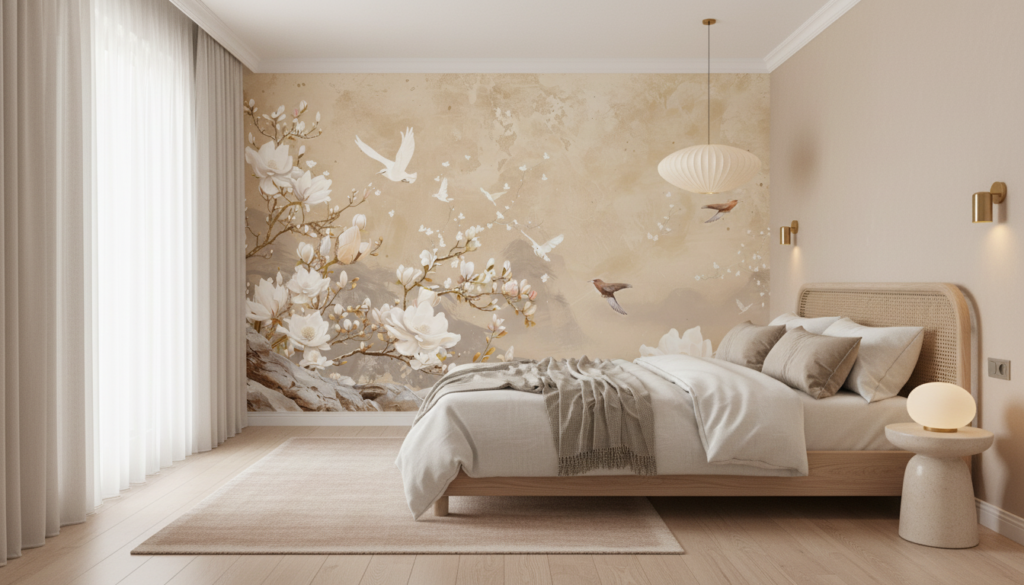 Papier Peint Magnolia et Oiseaux Ambiance Zen Naturelle - Chambre adulte