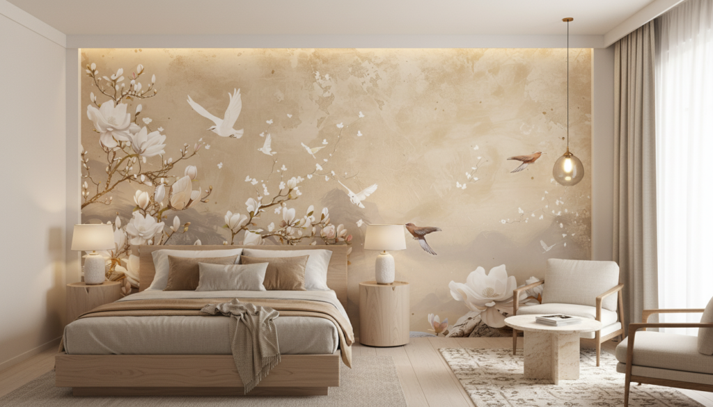 Papier Peint Magnolia et Oiseaux Ambiance Zen Naturelle - Hôtel