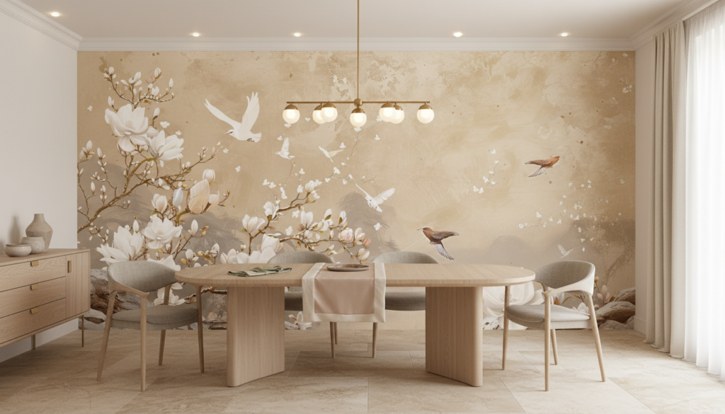 Papier Peint Magnolia et Oiseaux Ambiance Zen Naturelle - Salle à manger