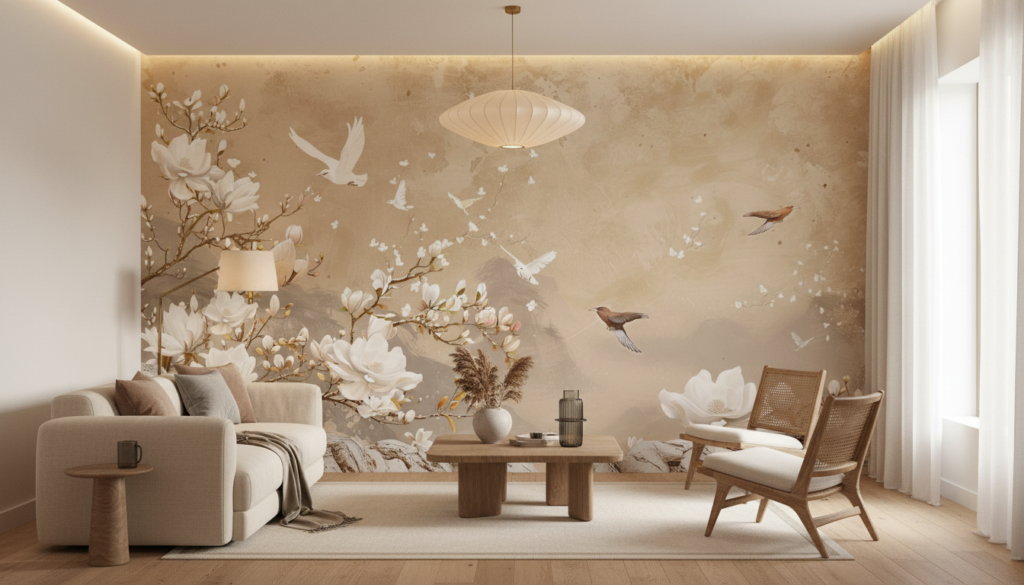 Papier Peint Magnolia et Oiseaux Ambiance Zen Naturelle - Salon / Séjour