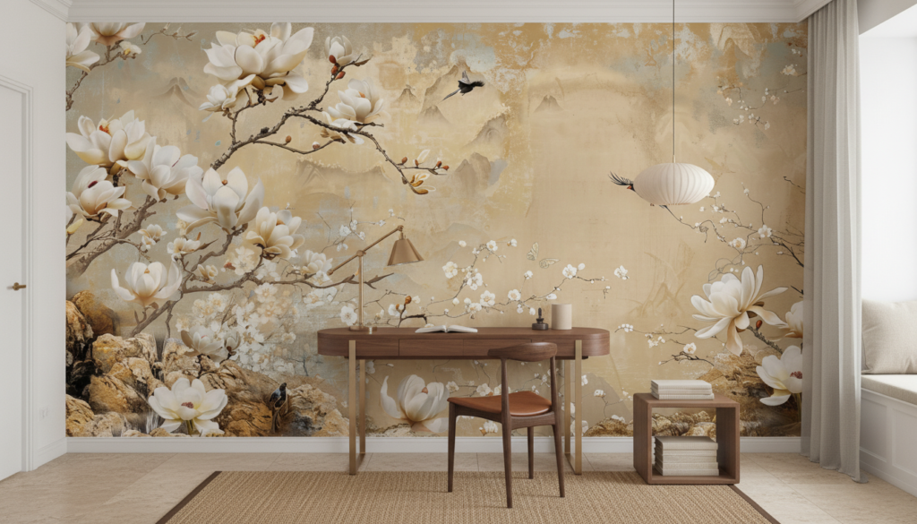 Papier peint magnolias blancs et oiseaux style oriental zen - Bureau