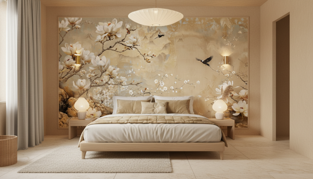 Papier peint magnolias blancs et oiseaux style oriental zen - Chambre adulte