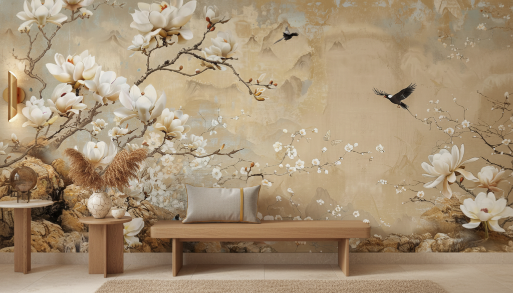 Papier peint magnolias blancs et oiseaux style oriental zen - Entrée