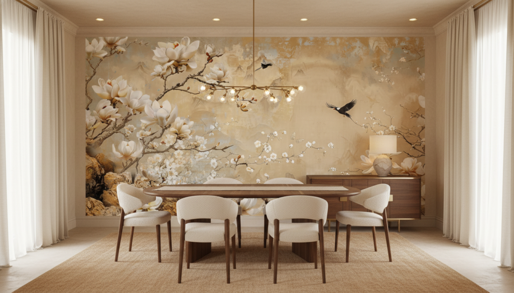 Papier peint magnolias blancs et oiseaux style oriental zen - Salle à manger