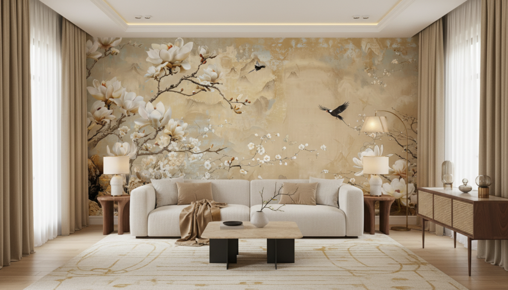 Papier peint magnolias blancs et oiseaux style oriental zen - Salon / Séjour