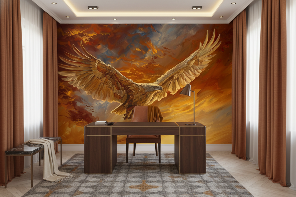 Papier Peint Majestueux Aigle Doré Volant dans Ciel Orageux - Bureau