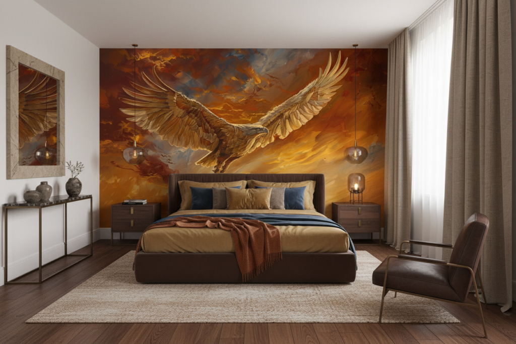 Papier Peint Majestueux Aigle Doré Volant dans Ciel Orageux - Chambre adulte