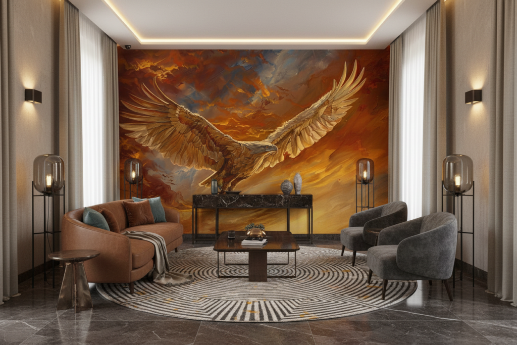 Papier Peint Majestueux Aigle Doré Volant dans Ciel Orageux - Hôtel