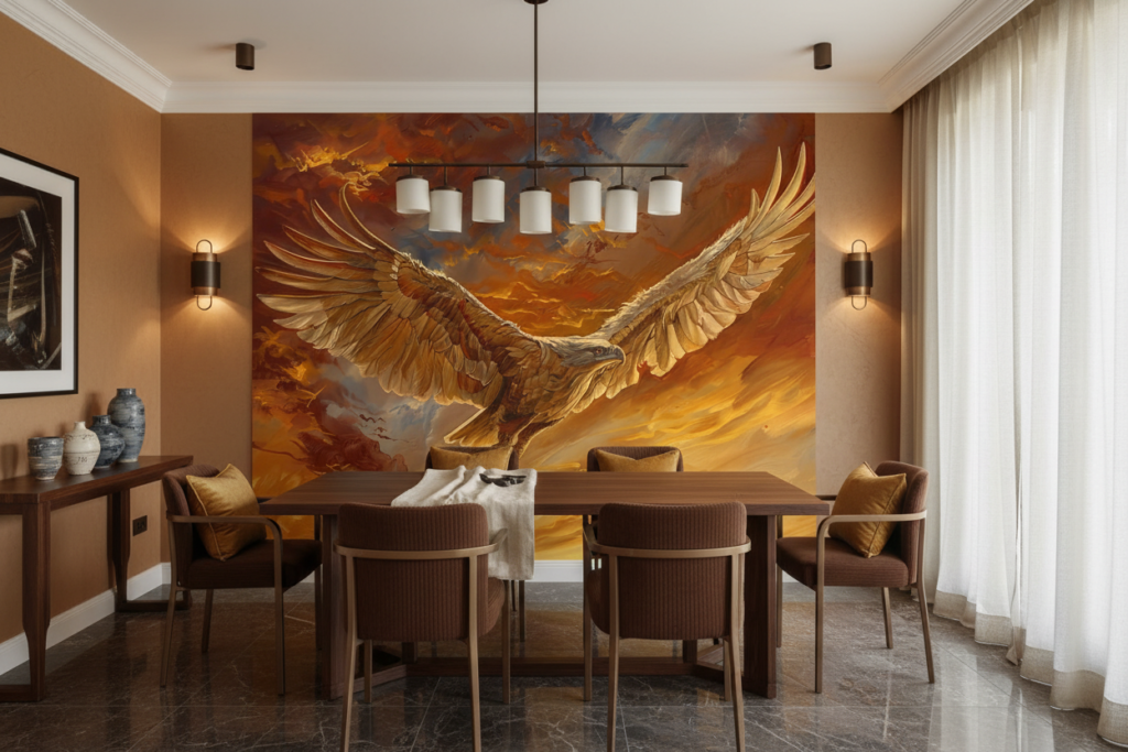 Papier Peint Majestueux Aigle Doré Volant dans Ciel Orageux - Salle à manger