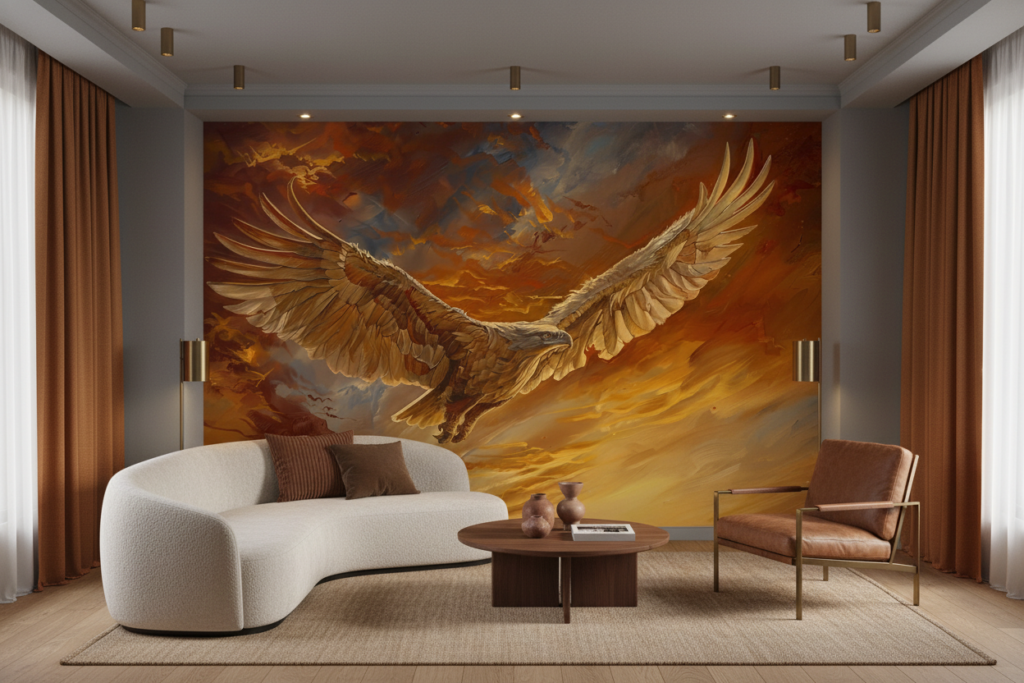 Papier Peint Majestueux Aigle Doré Volant dans Ciel Orageux - Salon / Séjour