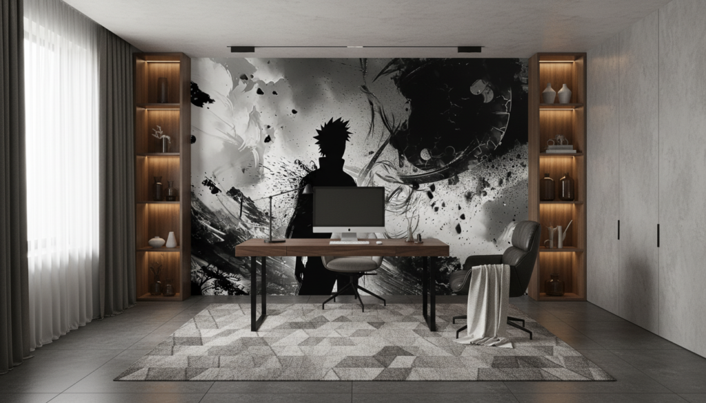 Papier peint manga monochrome silhouette héroïque combat épique - Bureau