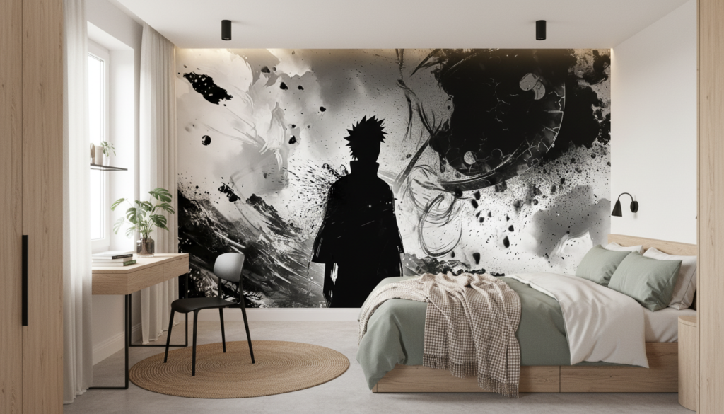 Papier peint manga monochrome silhouette héroïque combat épique - Chambre ado