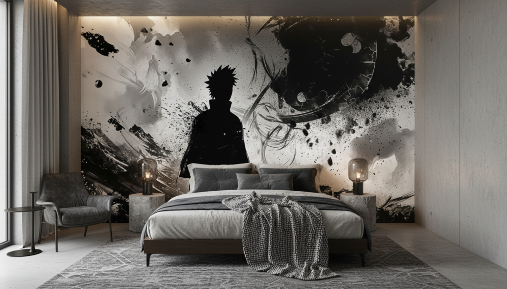 Papier peint manga monochrome silhouette héroïque combat épique - Chambre adulte