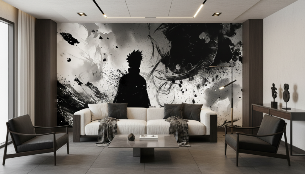 Papier peint manga monochrome silhouette héroïque combat épique - Salon / Séjour