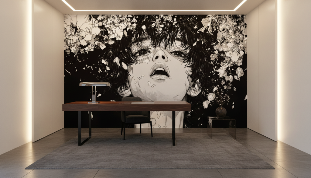 Papier peint manga noir et blanc fleurs de cerisier artistique - Bureau