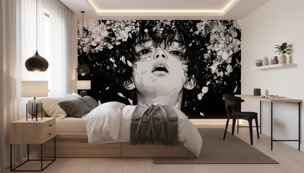 Papier peint manga noir et blanc fleurs de cerisier artistique - Chambre ado