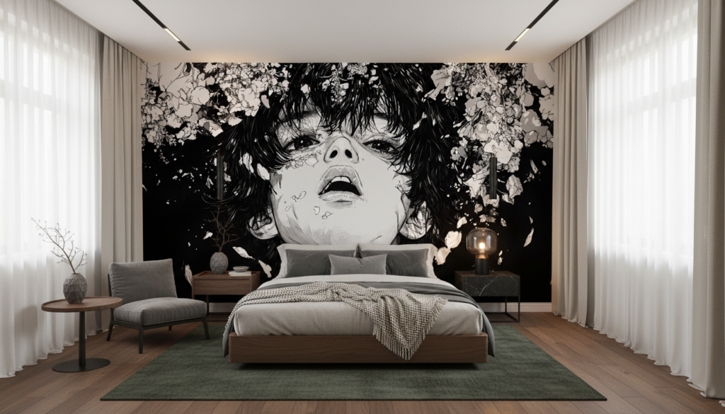 Papier peint manga noir et blanc fleurs de cerisier artistique - Chambre adulte