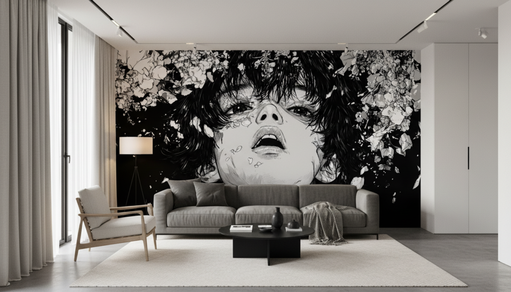 Papier peint manga noir et blanc fleurs de cerisier artistique - Salon / Séjour