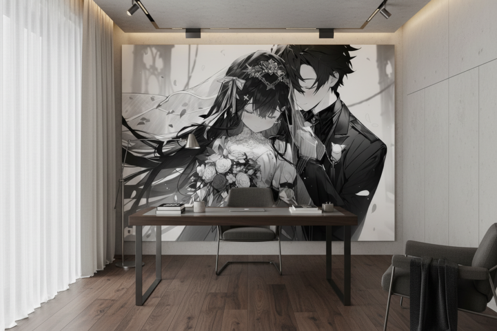 Papier peint manga romantique couple mariage noir et blanc - Bureau