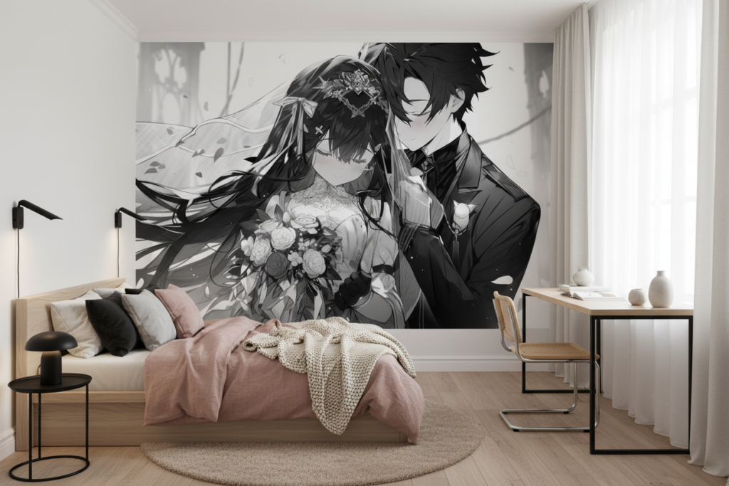 Papier peint manga romantique couple mariage noir et blanc - Chambre ado