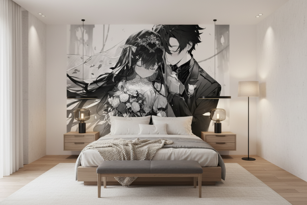 Papier peint manga romantique couple mariage noir et blanc - Chambre adulte