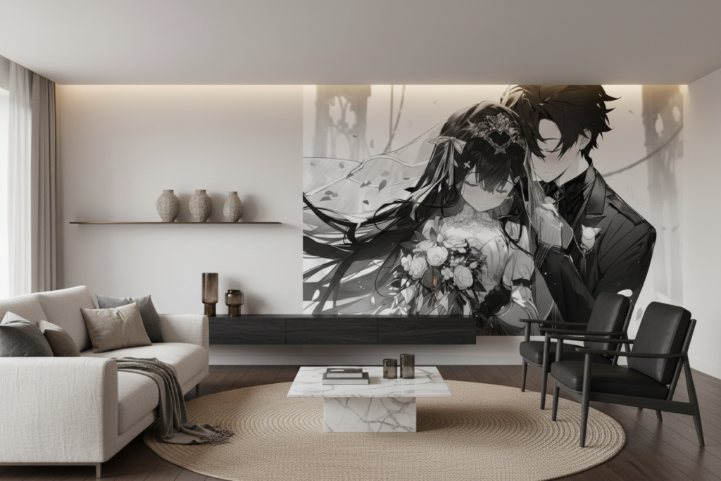 Papier peint manga romantique couple mariage noir et blanc - Salon / Séjour