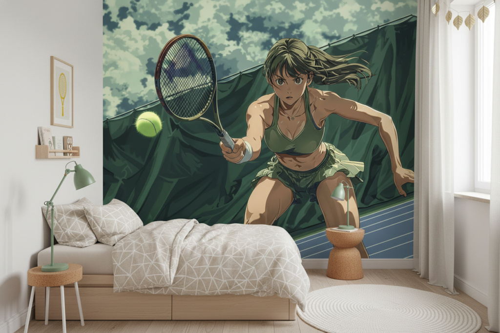 Papier peint manga tennis joueuse sportive anime vert dynamique - Chambre enfant