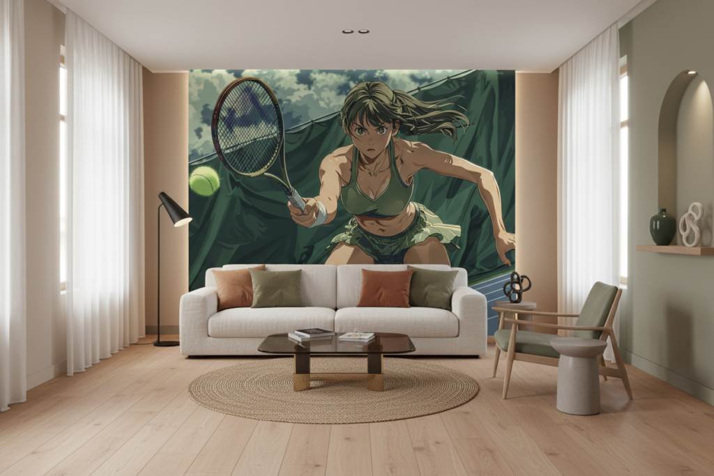 Papier peint manga tennis joueuse sportive anime vert dynamique - Salon / Séjour